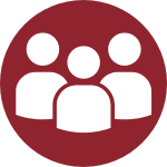 Icône circulaire rouge avec trois figures humaines blanches symbolisant le travail d’équipe et la collaboration.