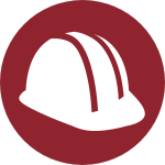 Icône circulaire rouge avec un casque de sécurité blanc, représentant le domaine de la construction et de la sécurité sur chantier.